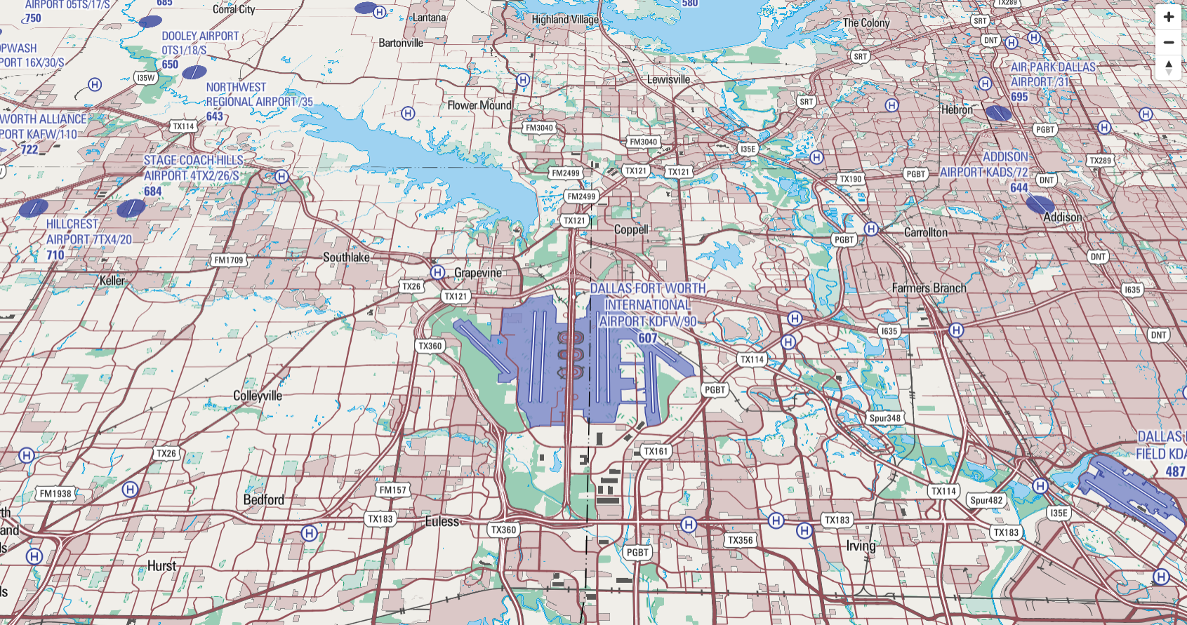 Releasable Basemap Tile image of the Dallas-Fort Worth Airport in the topographic style.